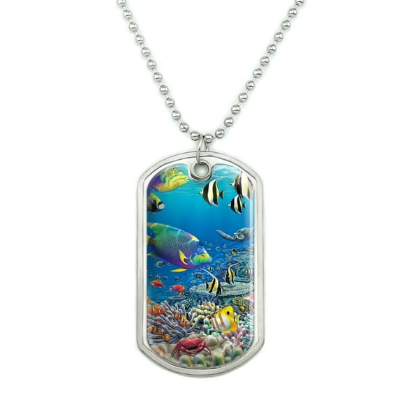 Ocean Coral Reef Angel Fish Garden Diving Military Dog Tag Pendant Necklace with Chain