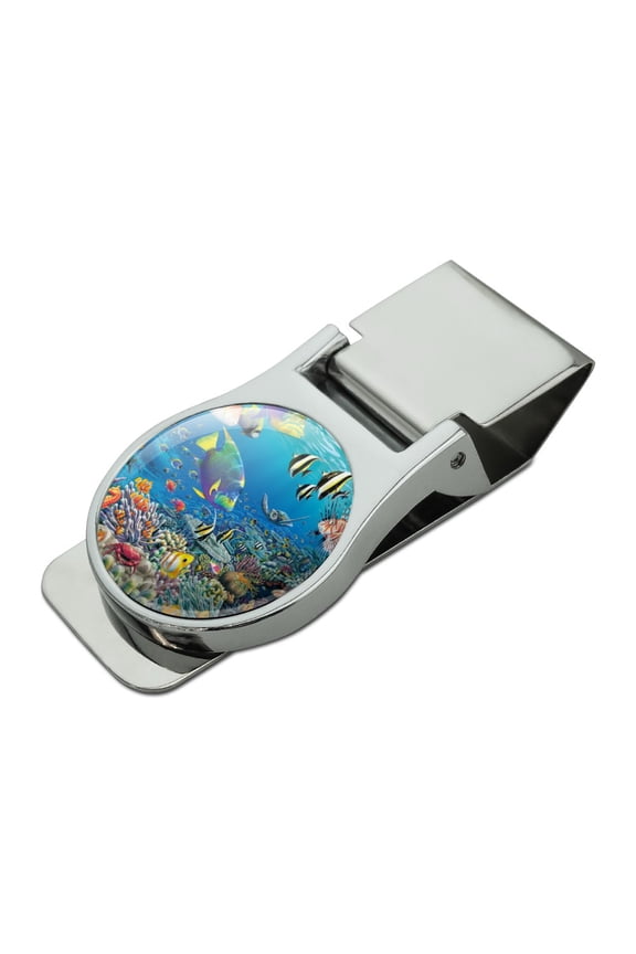 Ocean Coral Reef Angel Fish Garden Diving Satin Chrome Plated Metal Money Clip