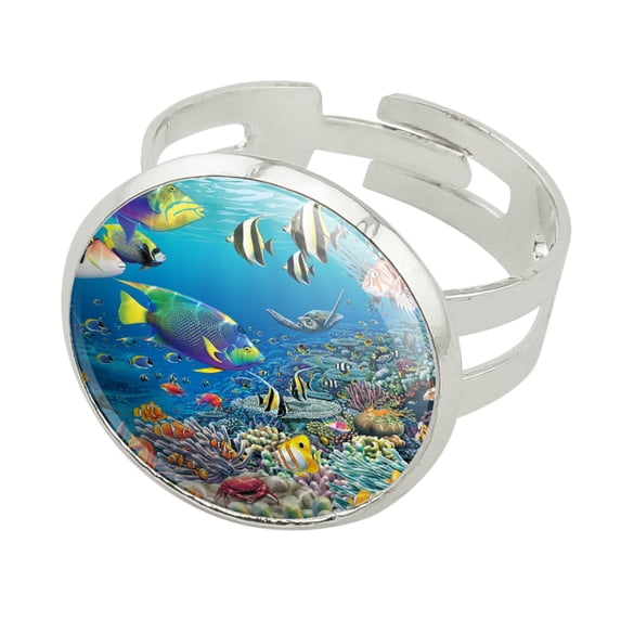Ocean Coral Reef Angel Fish Garden Diving Silver Plated Adjustable Novelty Ring