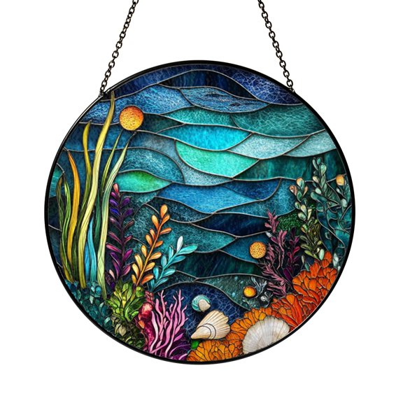 Ocean Coral Reef Scene Stained Glass Style Window Suncatcher Decor, Exotic Marine Home Accent Gift