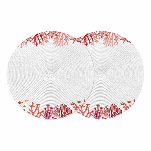 Ocean Coral Round 13 Inch Placemats Set of 2, Coastal Sea Fish Starfish Coral Summer Red HeatResistant Non Slip Place Mats for Dining Table, Wipeable Braided Kitchen Table Mats for Housewarming