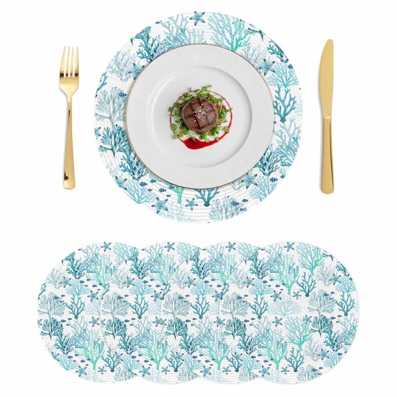 Ocean Coral Round 15 Inch Placemats Set of 4, Summer Nautical Coastal Coral Starfish Blue Green HeatResistant Non Slip Place Mats for Dining Table, Wipeable Kitchen Table Mats for Housewarming