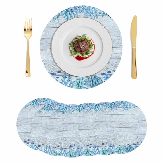 Ocean Coral Round 15 Inch Placemats Set of 6, Summer Underwater Marine Starfish Wooden Blue HeatResistant Non Slip Place Mats for Dining Table, Wipeable Braided Kitchen Table Mats for Housewarming