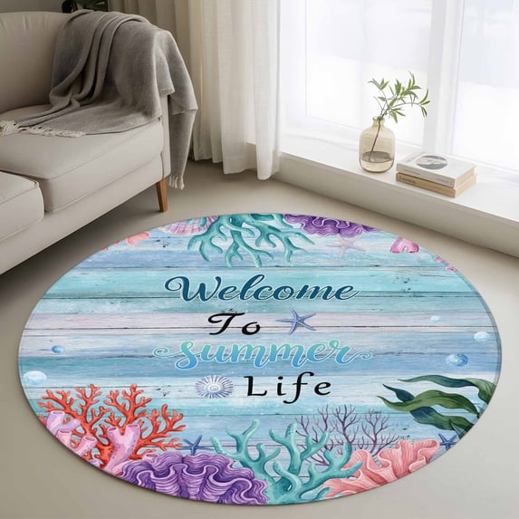 Ocean Coral Round Area Rug 3.3Ft Washable Circle Rugs for Dining Room Table, Summer Coastal Seaweed Starfish Wood Ombre Blue Non-Slip Carpet Floor Mats Indoor Outdoor Carpet Runner Home Decor