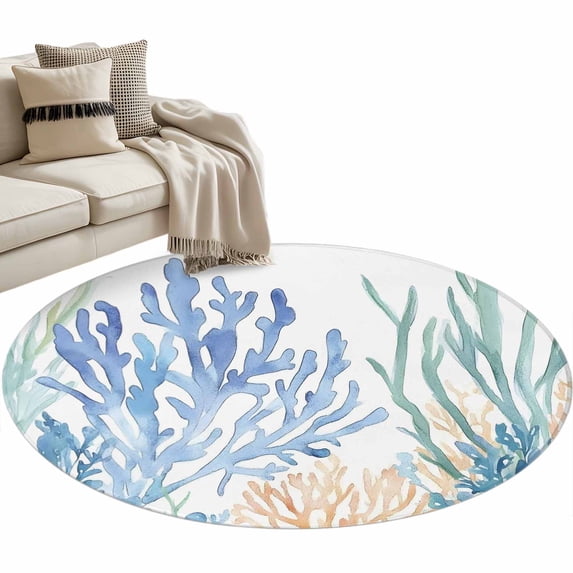 Ocean Coral Round Area Rug 4ft Watercolor Blue Green Orange Corals Hand Painted Non-Slip Washable Circle Rugs Soft Felt Indoor Floor Mat for Bedroom Kitchen Living Room Bathroom