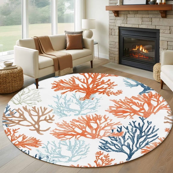 Ocean Coral Round Rug 5ft Washable Circle Kitchen Rugs Non Slip Gradient Orange Blue Brown Sage Green Aqua Large Area Rug Indoor Floor Carpet for Bedroom Living Room Home Office Dining Room Nursery
