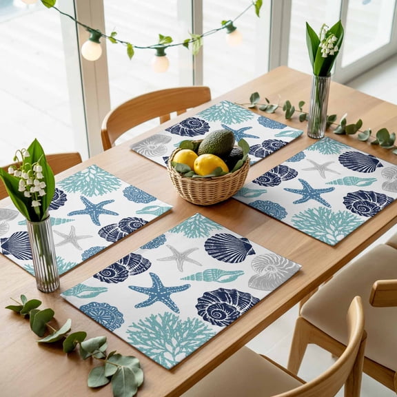 Ocean Coral Sea Turtle Shell Placemats Set of 4,Wipeable Washable Table Mats for Dining Tables, Summer Coastal Starfish Place Mats for Kitchen Event Party Tabletop Decor