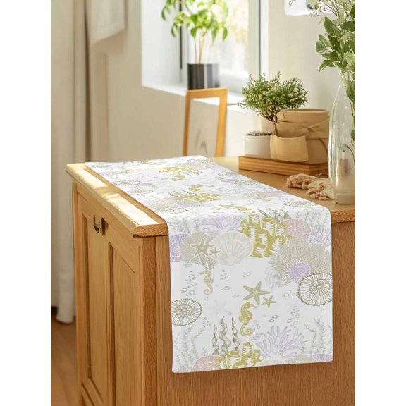 Ocean Coral Seahorse Shell Table Runner 13x90in Non-Slip Cotton Linen Table Runners, Abstract Marine Life Dresser Scarves TableRunner for Dinner Kitchen Dining Wedding Party