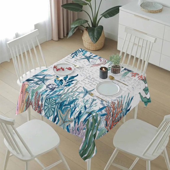 Ocean Coral Seaweed Ombre Table Cloth 54x54in, Waterproof Square Tablecloth Wipeable Tablecloths Retro Text Background Table Covers for Dining Tables Party Indoor Outdoor