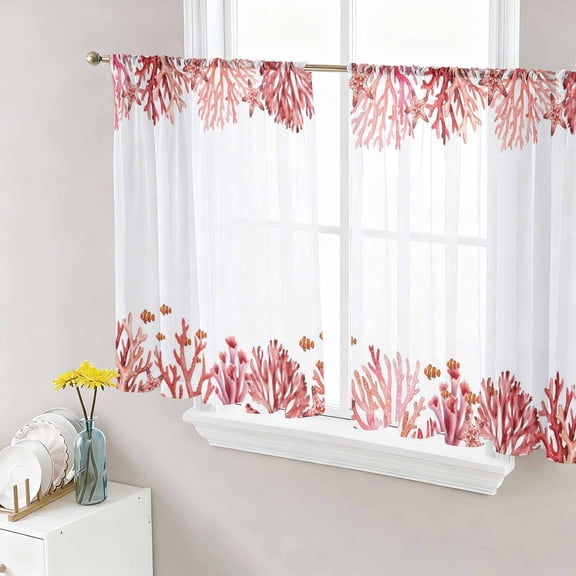 Ocean Coral Sheer Curtains 45 Inch Length 2 Panels Set, Coastal Sea Fish Starfish Coral Summer Red Voile Window Treatment Rod Pocket Small Kitchen Curtains Drapes for Bedroom 52"x45"x2