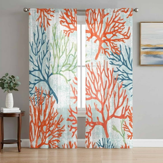 Ocean Coral Sheer Curtains 72 Inch Length 2 Panels Set, Abstract Boho Gradient Coastal Polka Dots Voile Window Treatment Rod Pocket Curtains Sheers Drapes for Bedroom/Living Room/Kitchen 52"x72"x2