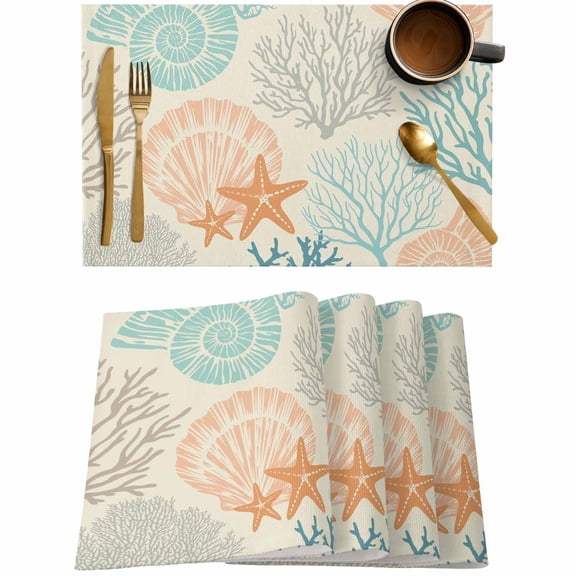 Ocean Coral Shell Conch Starfish Placemats Set of 4,Wipeable Washable Table Mats for Dining Tables,Retro Underwater World Place Mats for Kitchen Event Party Tabletop Decor