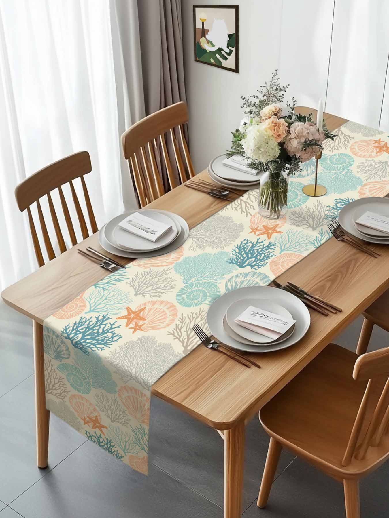 Ocean Coral Shell Conch Starfish Table Runner 90 Inches Long, Retro Underwater World Table Runners Tabletop Scarf Kitchen Dining Tables Decoration for Home Party Indoor Outdoor