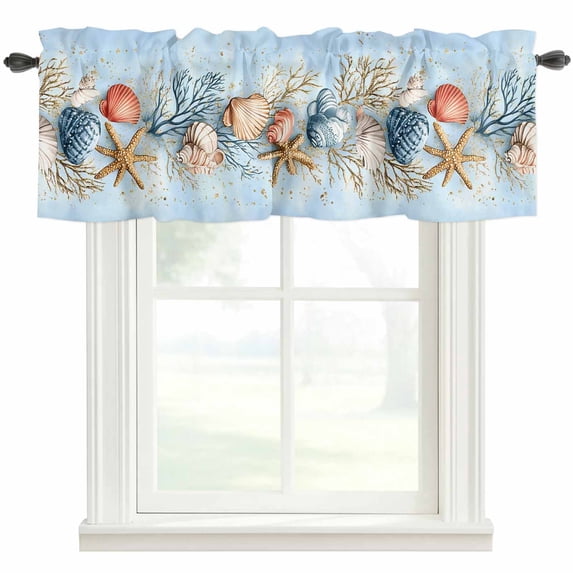 Ocean Coral Shell Window Valance Curtain Starfish Conch Blue Rod Pocket Short Curtain for Living Room, Bedroom & Kitchen Window Decor 54x18in
