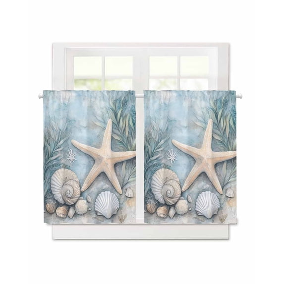 Ocean Coral Short Blackout Curtains 45 Inch Long Shell Starfish Plant Leaf Coastal Rustic Rod Pocket Kitchen Curtains, 2 Panels Thermal Insulated Room Darkening Drapes for Bedroom, 30"W x 45"L