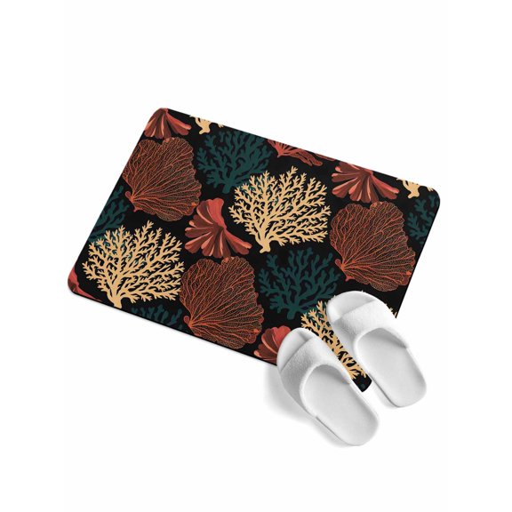 Ocean Coral Soft Diatomaceous Earth Mat, Red Yellow Coral Reef Sea Fan Underwater Plant Black Absorbent Bath Mat Non Slip Rubber Backed Quick Dry Doormat Fit Under Door for Bathroom Kitchen 24"x36"