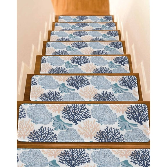 Ocean Coral Stair Treads Teal Beige Coral Reef Sea Fan Underwater Plants Indoor Non Slip Peel and Stick Stair Treads for Wooden Steps 4 PCS, Soft Adhesive Staircase Mats Runner Rugs 8"x30"