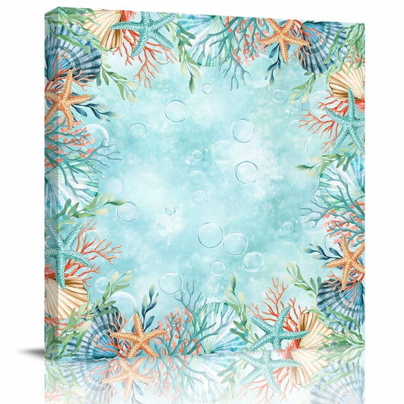 Ocean Coral Starfish Shell Canvas Artwork Painting Art, Underwater Creature Theme Square Framed Wall Decorations Prints Picture for Bedroom Kitchen Living Room, 12x12 in