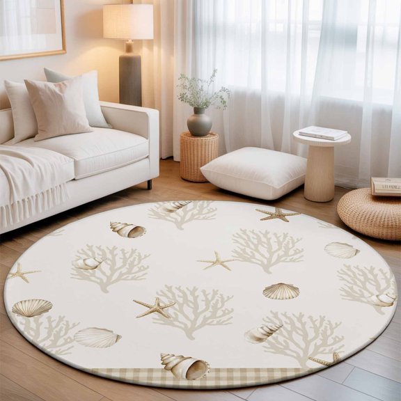 Ocean Coral Starfish Shell Round Rug 5ft Marine Theme on Beige Plaid Washable Area Rugs for Living Room Bedroom Entryway Non Slip Entrance Door Mat Indoor Floor Carpet