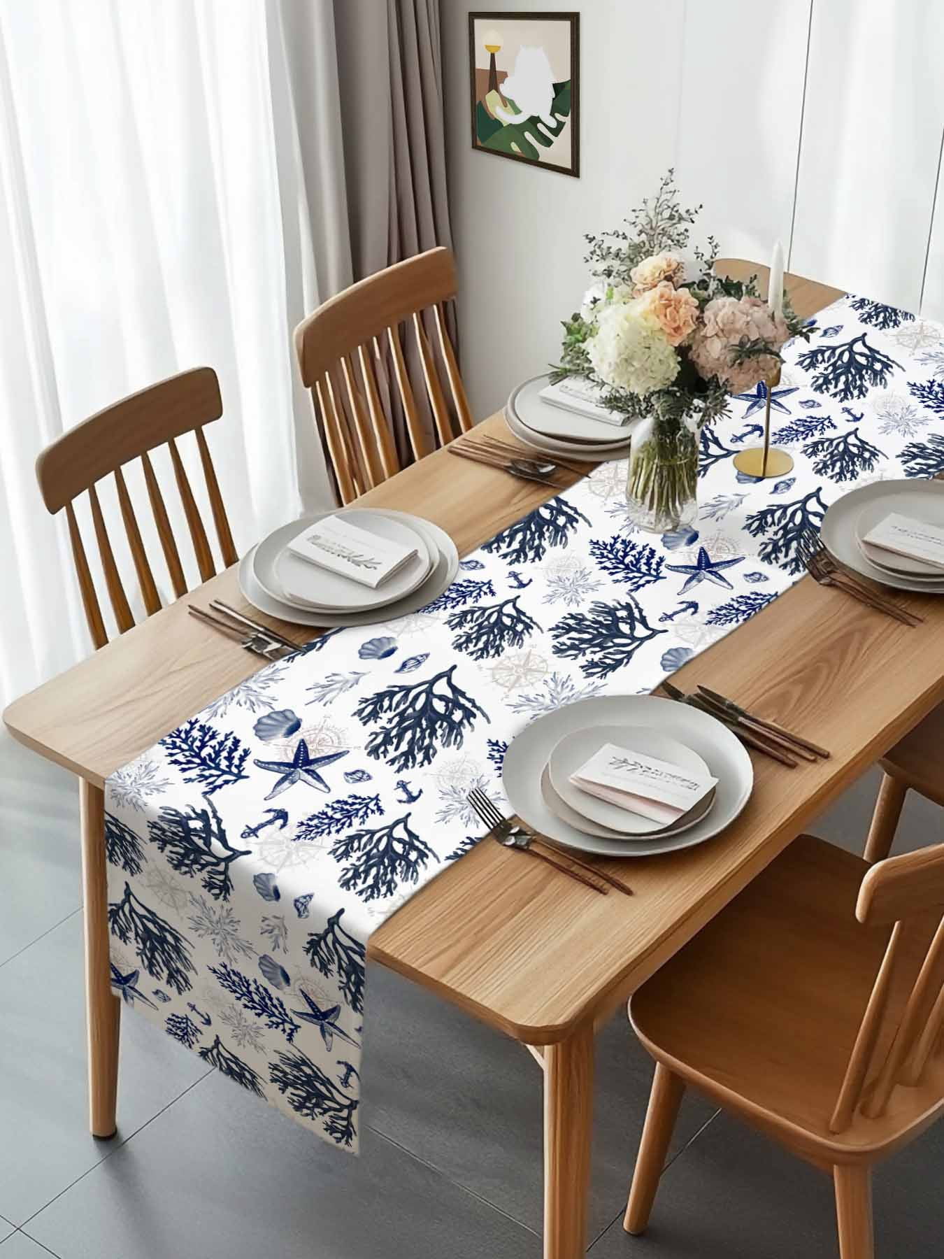 Ocean Coral Starfish Vintage Style Table Runner 90 Inches Long, Marine Life Seamless Table Runners Tabletop Scarf Kitchen Dining Tables Decoration for Home Party Indoor Outdoor
