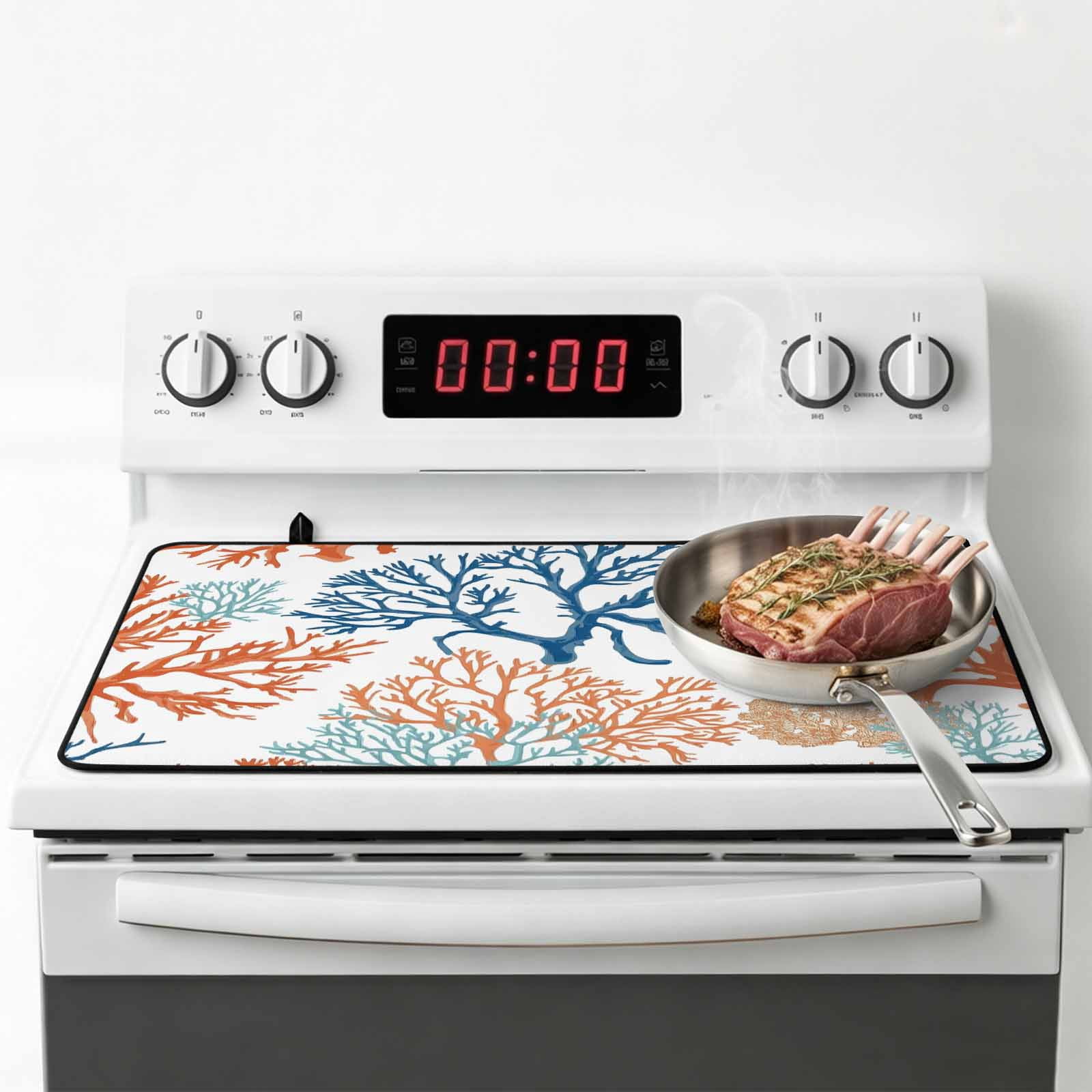 Ocean Coral Stove Top Cover for Electric Stove, Heat-proof & Non Slip Glass Top Stove Cover Protector, Coastal Orange Blue Green Nature Abstract Kitchen Flat Cooktop Rubber Mat 24x21 Inches