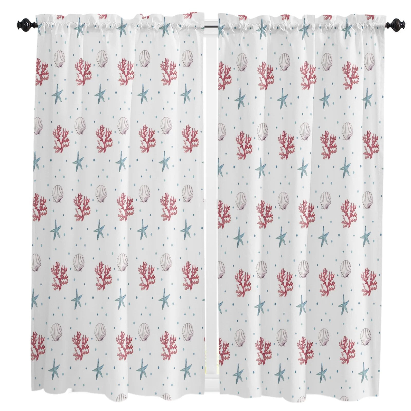 Ocean Coral Summer Scallop StarTile Pattern Rod Pocket Short Curtain HalfCurtain For Kitchen