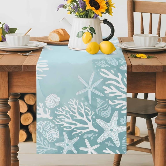 Ocean Coral Table Runner 13x36 Inch Summer Sea Star Coral Shell Teal Cotton Linen Dining Table Runner Ideal for Dresser Kitchen Coffee Tables - Machine Washable