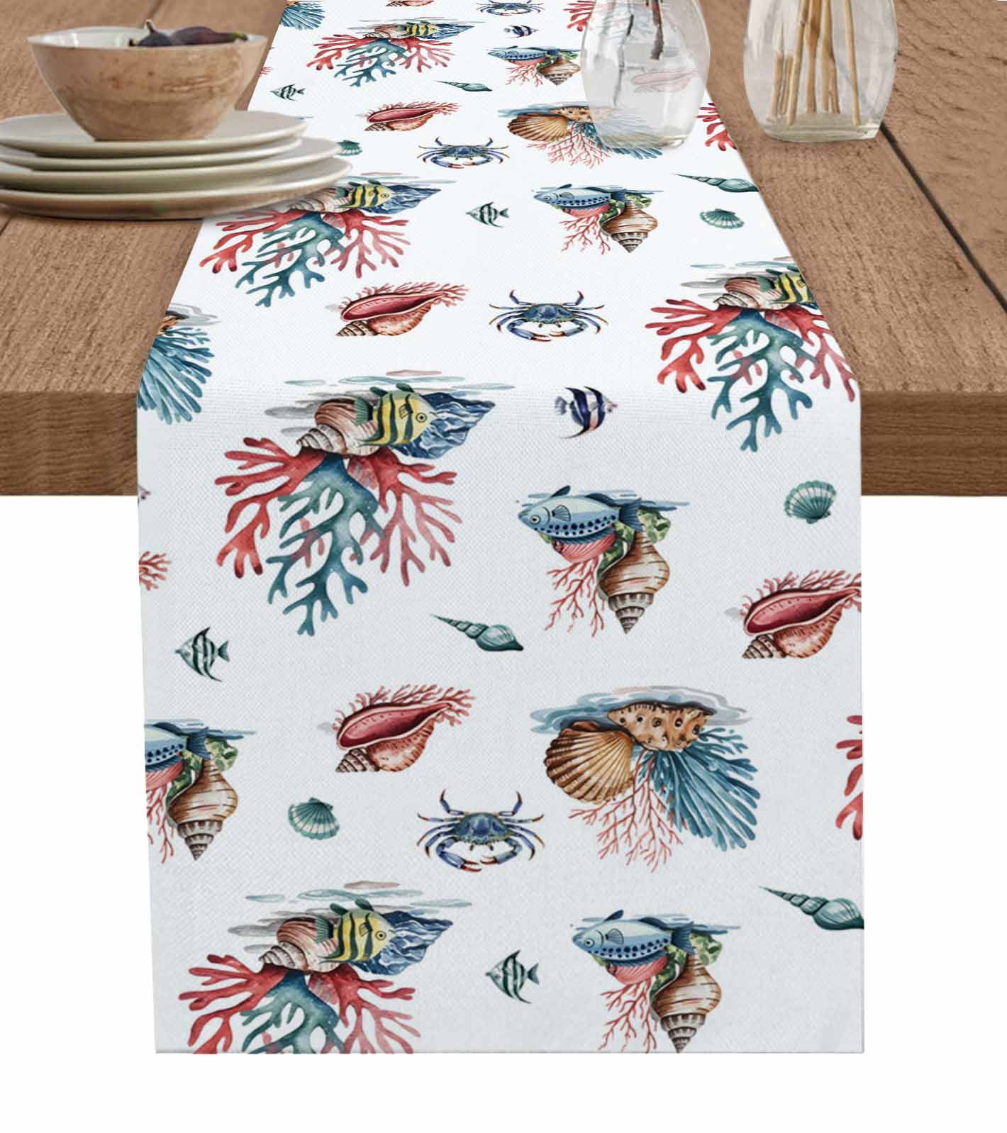 Ocean Coral Table Runner 70 Inches, Coastal Conch Vintage Shell Fish ...