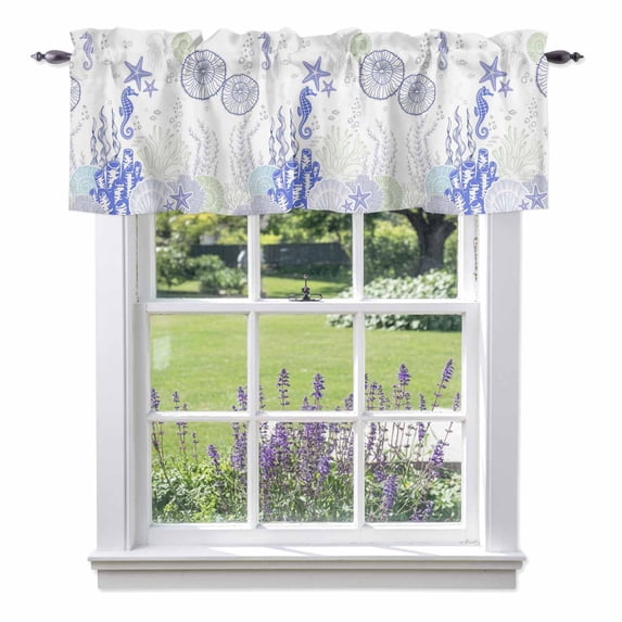 Ocean Coral Valance Curtain Purple Shell Seahorse Starfish Abstract Texture Window Valances Rod Pocket Short Curtains Window Treatments for Kitchen Bedroom Bathroom Laundry 54" x 18"
