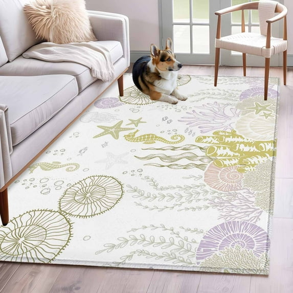 Ocean Coral Washable Area Rugs 3'x5', Green Shell Seahorse Starfish Abstract Texture Low Pile Throw Living Room Rug Non-Slip Sturdy Edge Binding Carpet for Indoor Entryway Bedside Kitchen