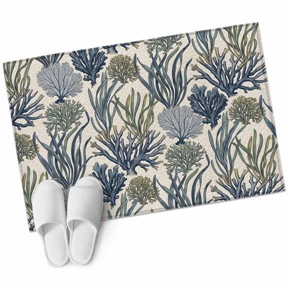 Ocean Coral Washable Small Entryway Area Rugs 2'x3', Country Rustic Nautical Coastal Sea Beach Blue Green Seaweed Low Pile Throw Rug Non-Slip Edge Binding Carpet for Front Door Floor Room Entry