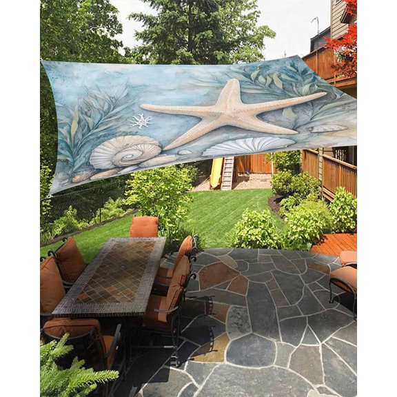 Ocean Coral Waterproof Sun Shade Sail Shell Starfish Plant Leaf Coastal Rustic Outdoor Patio Sun Shades Canopy UV Block Waterproof Sunshade for Garden Backyard Deck Pergola 6.5x10 Ft