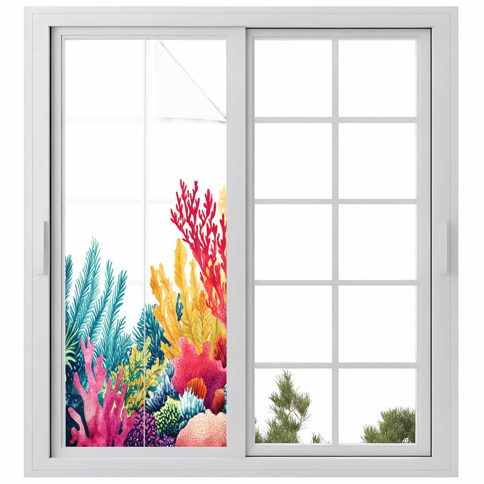 Ocean Coral Window Privacy Film, Summer Underwater Plant Watercolor Style Coastal Frosted Glass Window Clings Static Cling UV Heat Blocking Reusable Door Sticker for Bathroom 23.6 x 59 Inch