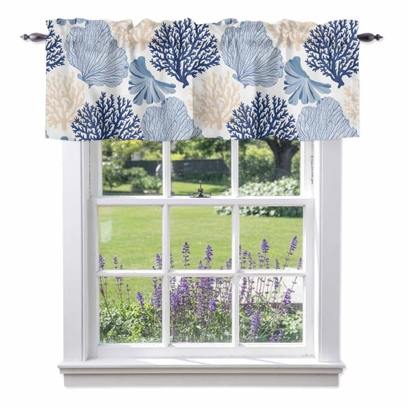 Ocean Coral Window Valance for Kitchen, Blue Beige Coral Reef Sea Fan Underwater Plants Rod Pocket Short Curtains for Bathroom Bedroom Small Window, Light Filtering Decorative Valances, 42x12 Inches