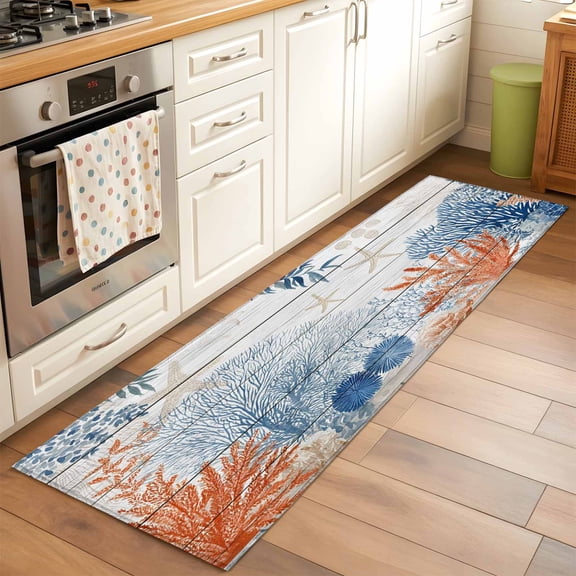 Ocean Corals 2x6 Runner Rug for Hallway Walkway Kitchen Galley, Summer Beach Coral Sea Stars Wood Grain Low Pile Washable Non Slip Long Area Rug