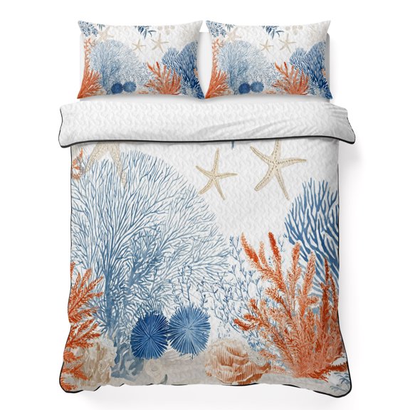 Ocean Corals 3 Piece Quilt Bedding Set with 2 Pillow Shams, Summer Beach Coral Sea Stars Lightweight Bedspread Coverlet, Soft Breathable All Season Quilt, 68 x 98 Inch