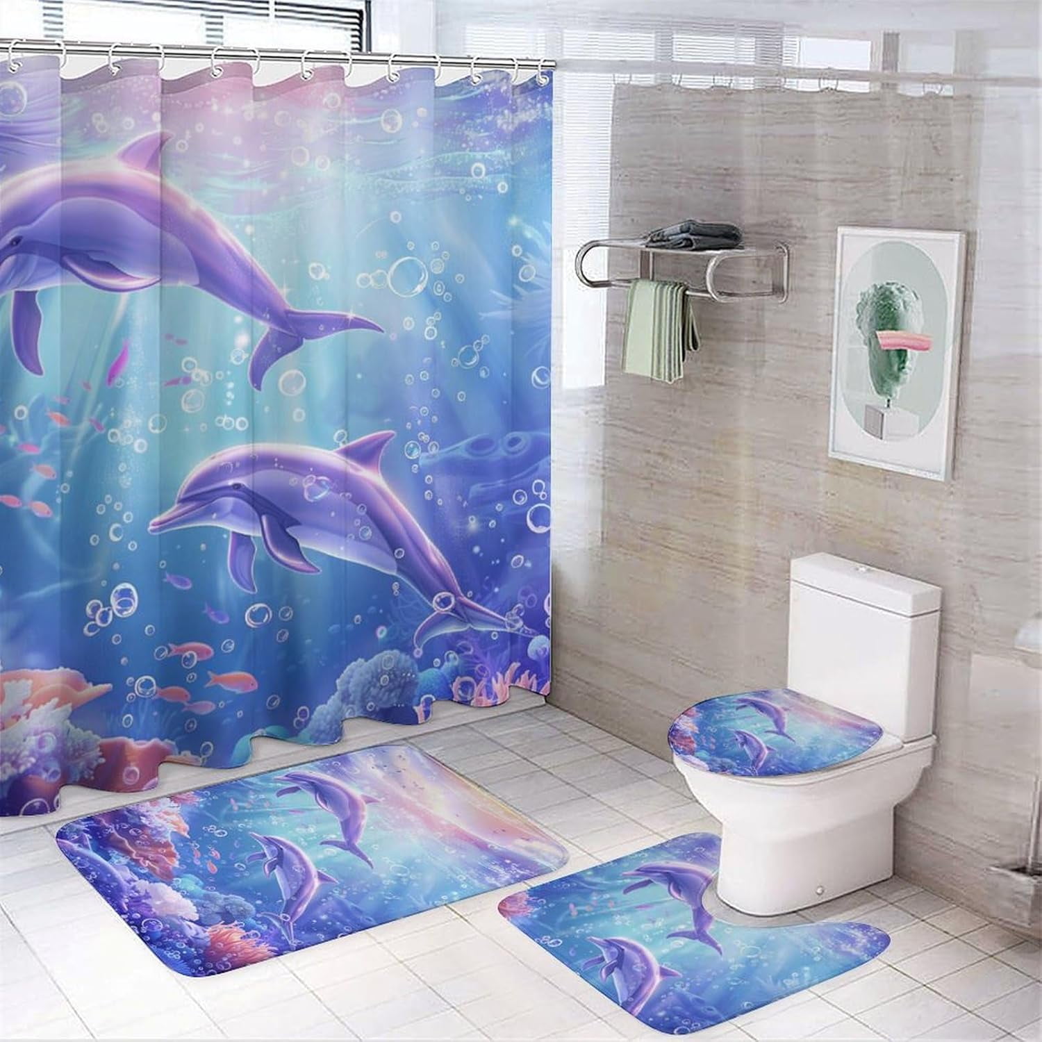 Ocean Corals Dolphins 4 Pcs Bathroom Shower Curtain Set,Bathroom Sets with Rugs (Bath Mat,U Shape and Toilet Lid Cover Mat), Bathroom Decor Set