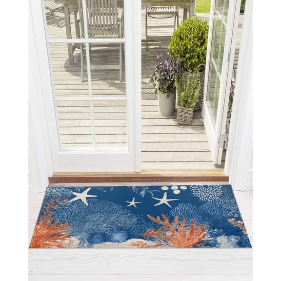 Ocean Corals Front Door Mat Summer Beach Coral Sea Stars Dark Blue Welcome Doormat Indoor Outdoor Entrance Floor Mat Non-Slip Washable Runner Rug for Front Porch Decor 18x60 Inch