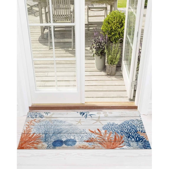 Ocean Corals Front Door Mat Summer Beach Coral Sea Stars Wood Grain Welcome Doormat Indoor Outdoor Entrance Floor Mat Non-Slip Washable Runner Rug for Front Porch Decor 16x47 Inch