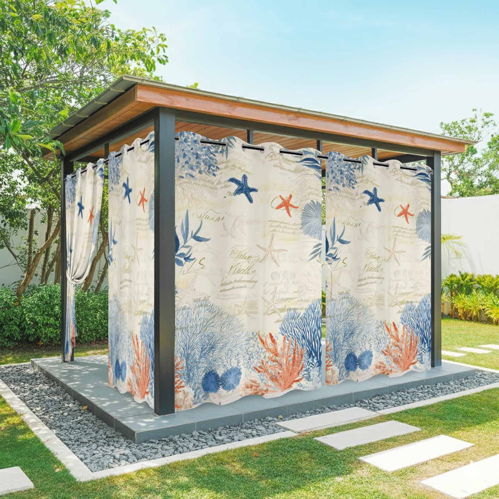 Ocean Corals Outdoor Curtains for Patio, Summer Beach Coral Sea Stars Retro Texture Sunshade Privacy Drapes Grommet Waterproof Outside Curtains for Porch/Cabana/Balcony 54"x 108", 1 Panel