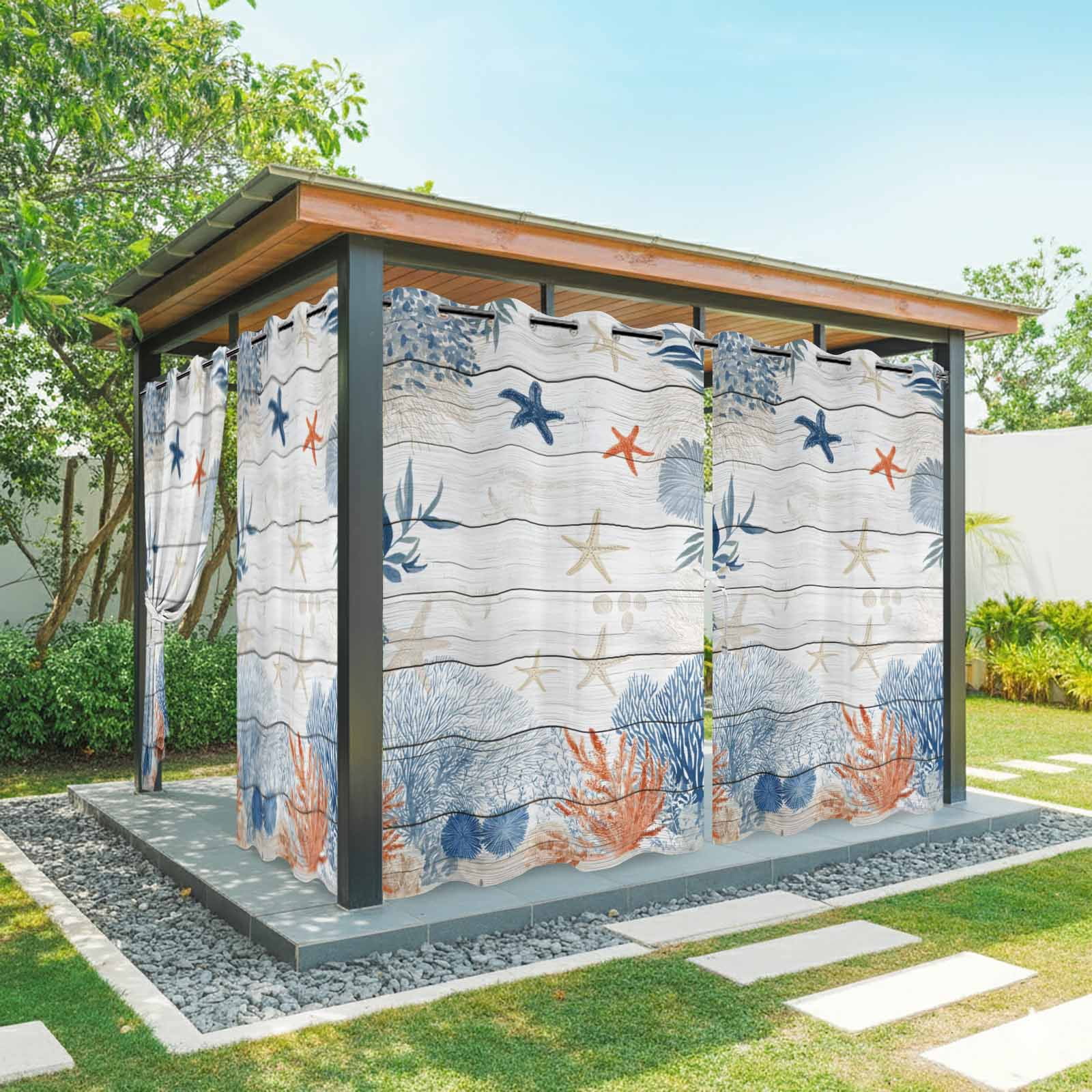 Ocean Corals Outdoor Curtains for Patio, Summer Beach Coral Sea Stars Wood Grain Sunshade Privacy Drapes Grommet Waterproof Outside Curtains for Porch/Cabana/Balcony 54"x 108", 1 Panel