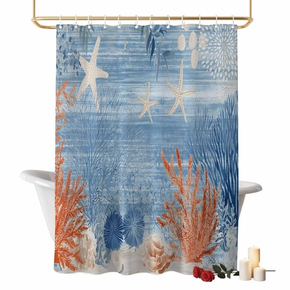 Ocean Corals Shower Curtains for Bathroom, Summer Beach Coral Sea Stars Blue Stripes Washable Fabric Shower Curtain with Hooks Waterproof Bathroom Decor Sets, 72 x 78 Inches