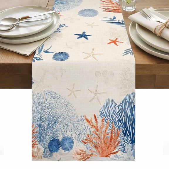 Ocean Corals Table Runner Summer Beach Coral Sea Stars Linen Texture Table Runners Dresser Scarves Holiday Kitchen Dining Table Decoration for Home Party Indoor 13x90 Inch