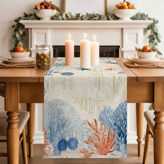 Ocean Corals Table Runner, Summer Beach Coral Sea Stars Retro Texture Cotton Linen Kitchen Table Decoration Washable Dining Tabletop Runners for Home Party Decor 13x90 Inches