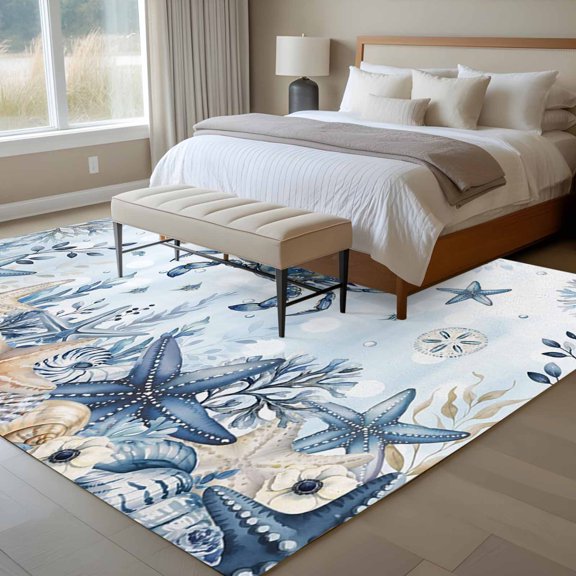 Ocean Crab 6x9 Rug for Dining Room Table and Chair Setup, Blue Yellow Sea Star Shell Coral Gradient Blue Low Pile Washable Non Slip Rectangle Area Rug
