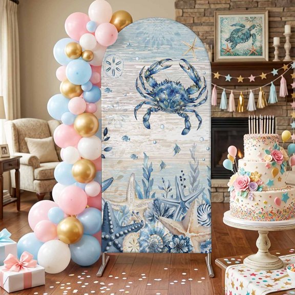 Ocean Crab Arch Backdrop Covers 4 FT, Blue Yellow Sea Star Shell Coral Blue Yellow Stripes Stretchy Fitted Arched Stand Covers Party Arch Stand Cover Photo Booth for Wedding Birthday Decor
