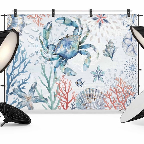 Ocean Crab Backdrop for Photography, Fabric Photo Background Backdrop, Summer Coastal Coral Flower Shells Photo Booth Background for Portrait Photoshoot Video Wedding Studio Decoration Banner 7x5ft