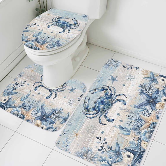 Ocean Crab Bathroom Rugs Set Blue Yellow Sea Star Shell Coral Blue Yellow Stripes Non Slip Absorbent Soft Bath Mats 3 Piece Set with Bathroom Rug, U-Shaped Floor Mat, Toilet Seat Cover Small Size