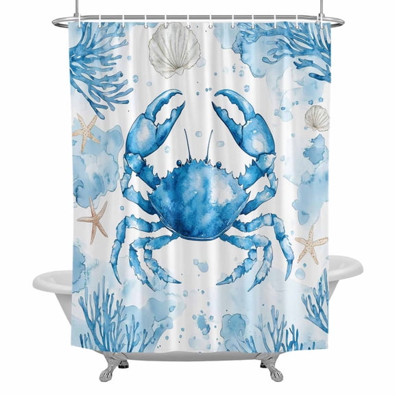 Ocean Crab Bathroom Shower Curtain, Shell Starfish Seaweed Watercolor Waterproof Washable Soft Bath Curtain for Bathtub Decor with 12 Hooks&Grommet, 36x72 Inch