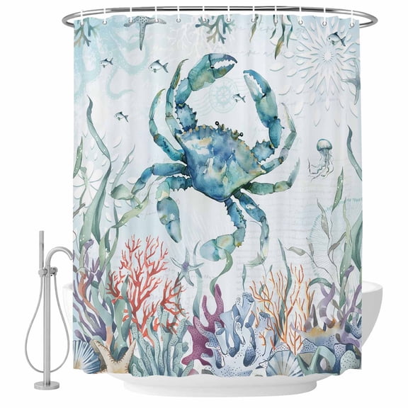 Ocean Crab Bathroom Shower Curtains with Hooks, Coral Starfish Jellyfish Seaweed Waterproof Fabric Washable Shower Curtain for Home Hotel Bathtub Decor 72x72 Inch